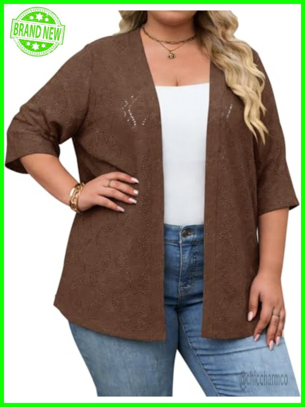 Plus Size Jacquard Knit Open Front Cardigan Half Sleeve Lightweight